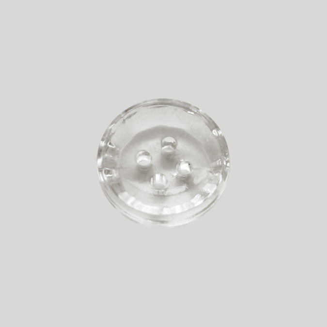 Clear concave crystal glass button with four holes and smooth round profile in 10mm size.