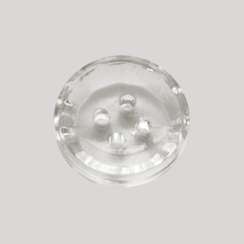 Clear concave crystal glass button with four holes and smooth round profile in 14mm size.