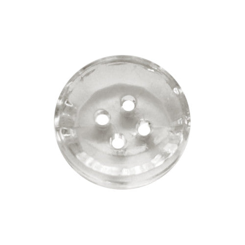 Clear concave crystal glass button with four holes and smooth round profile in 14mm size.