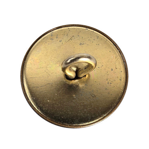 Back view of antique-finish stamped brass shank button showing the loop shank, smooth metal back, and rounded rim.