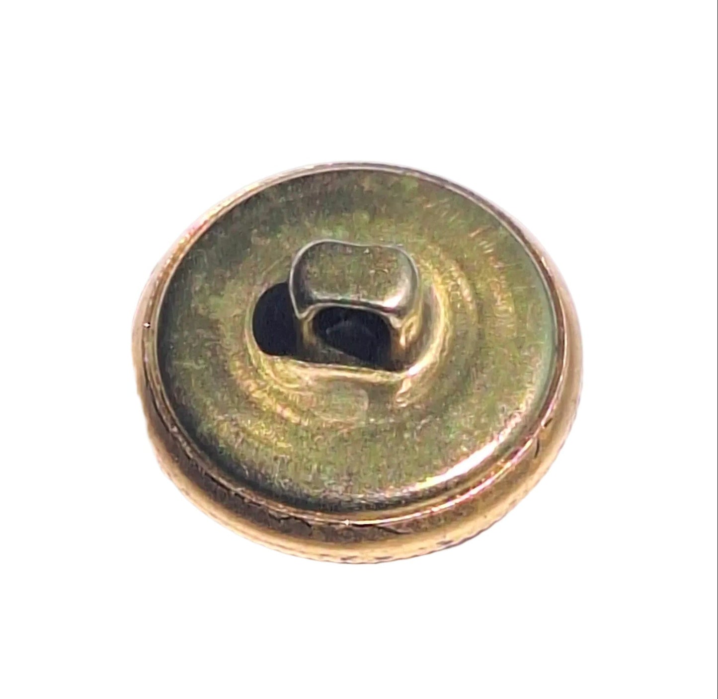 Back of stamped brass shank button with antique finish and hollow shell construction.