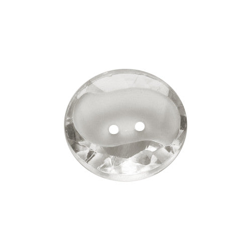 Clear crystal glass button with a frosted S-shaped center recess and two-hole attachment in 11.4mm size.