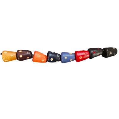 Stacked hand-painted wooden cone beads in multiple colors, each with small dotted accents, shown upright to display shape, surface texture, and drilled openings.