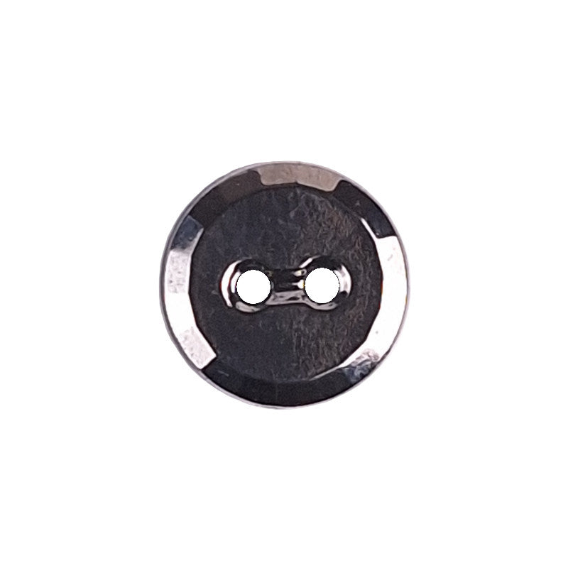Two-hole glass button with silver-colored plated finish and faceted beveled rim, 11.4mm/18L.