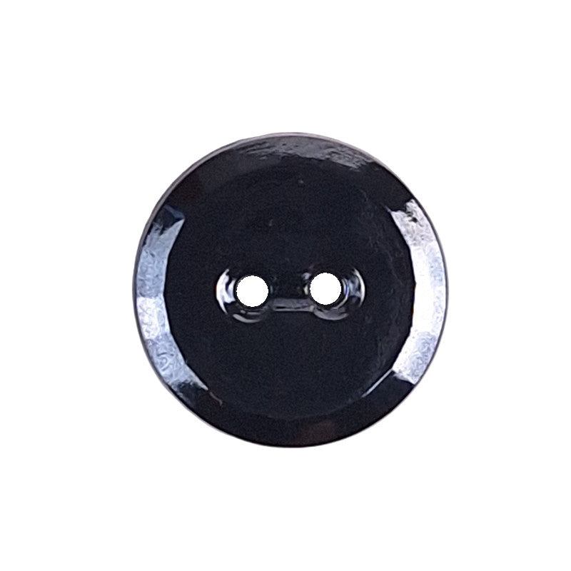 Two-hole glass button with gunmetal-colored plated finish and faceted beveled rim, 14mm/22L.