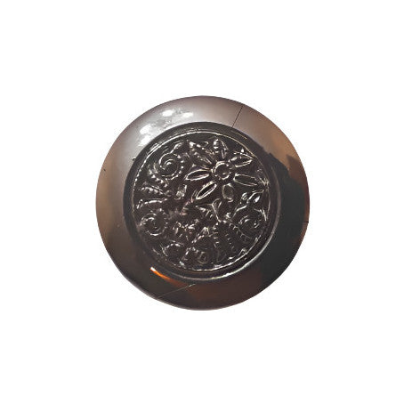 Silver metalized shank button with raised floral center, smooth beveled rim, and slight dome, 14mm.
