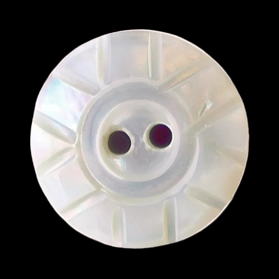 Front view of 19mm carved freshwater shell button showing iridescent surface and radiating line pattern with two-hole center.