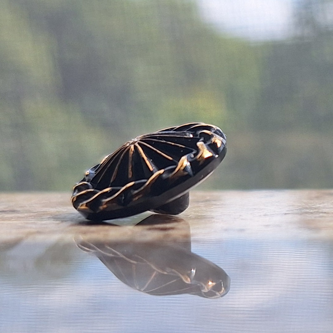 Profile of black and glass shank button with raised center
