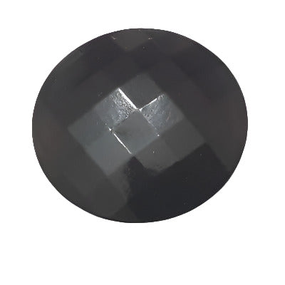 Jet black nylon button shown from the front, highlighting the faceted geometric surface and glossy finish.