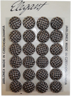 Button card of 24 black glass buttons with a raised woven rope pattern accented in gold luster, 18mm/28L.