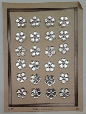Button card with 24 mirrored glass buttons with 5-petal flower design and two-hole center, 18mm size, vintage Czechoslovakia, front view showing reflective surface