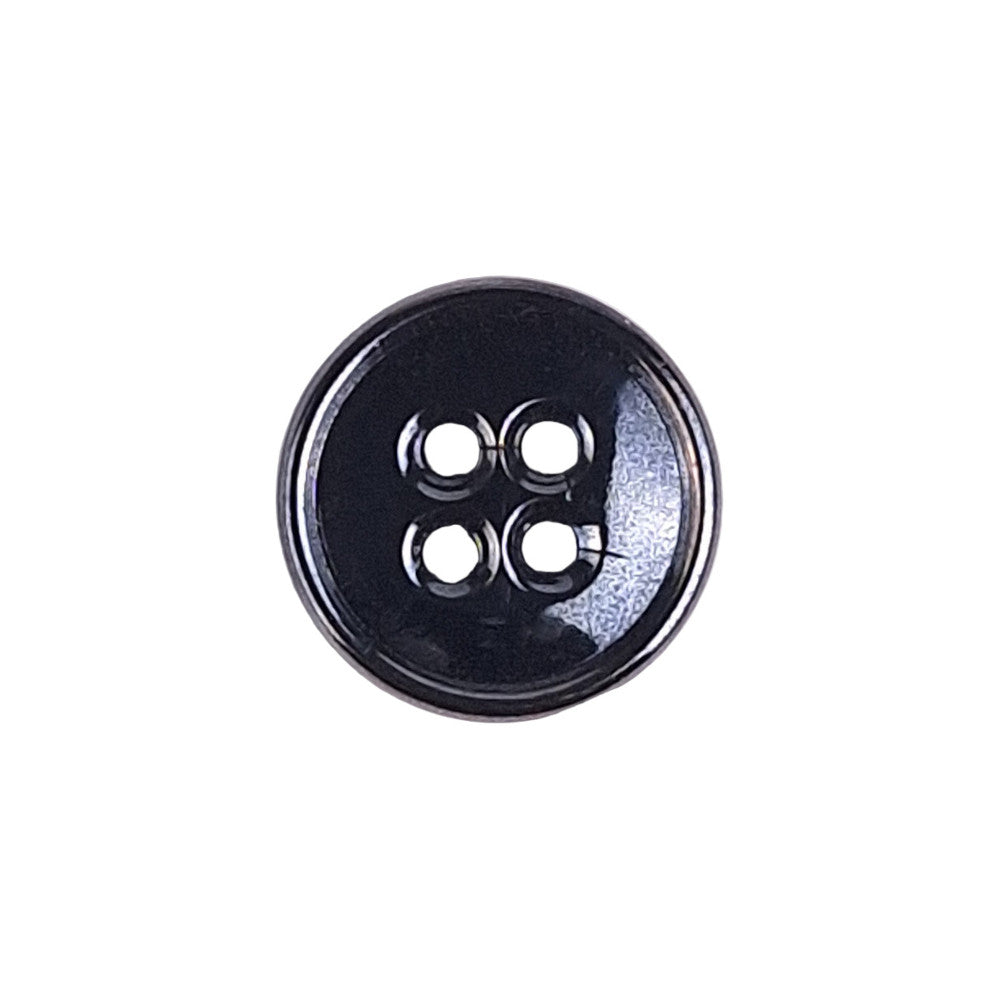 Gunmetal metalized glass button with raised rim and 4-hole center, 11.4mm.