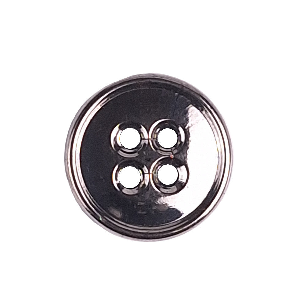 Silver metalized glass button with raised rim and 4-hole center, 14mm.