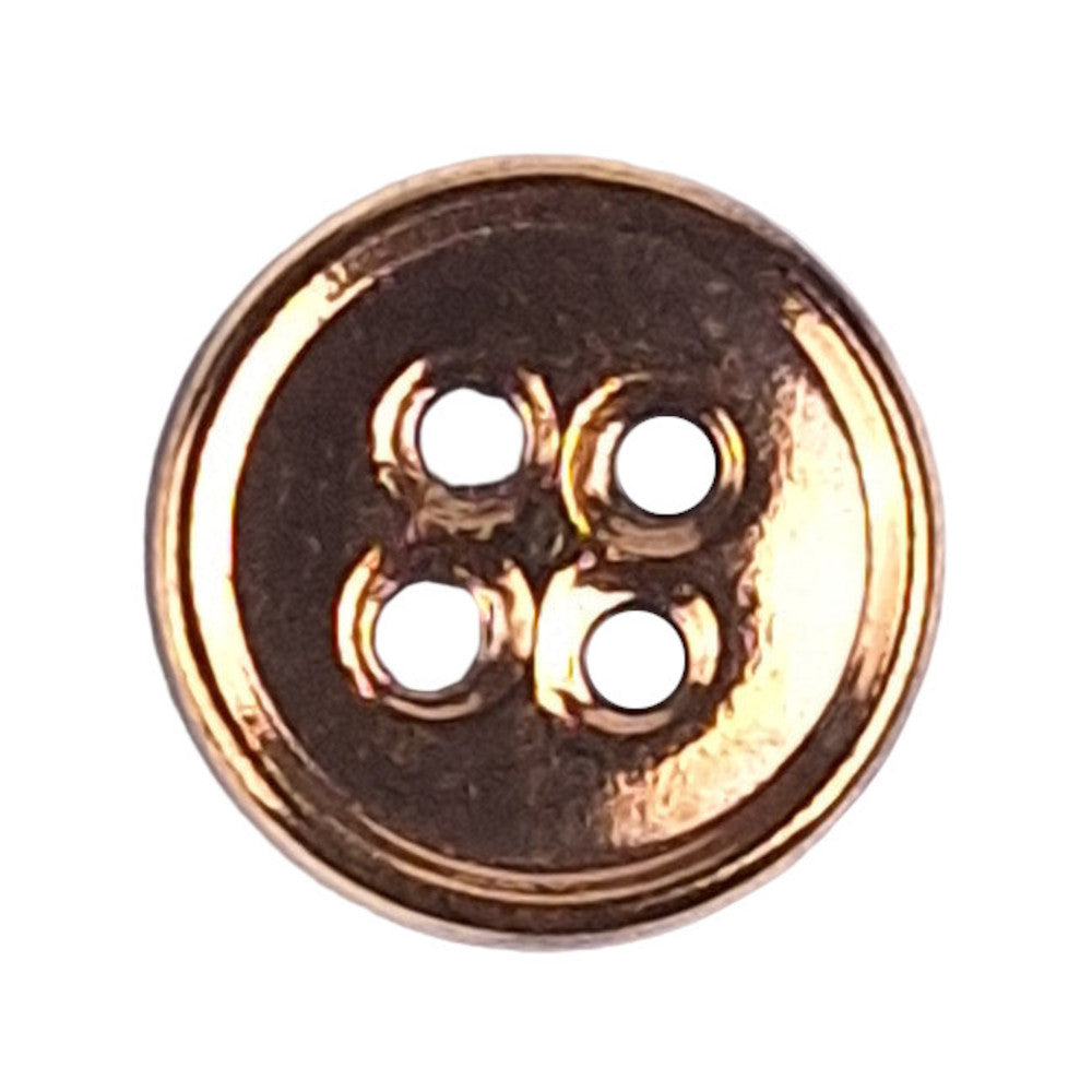 Gold metalized glass button with raised rim and 4-hole center, 18mm/28L