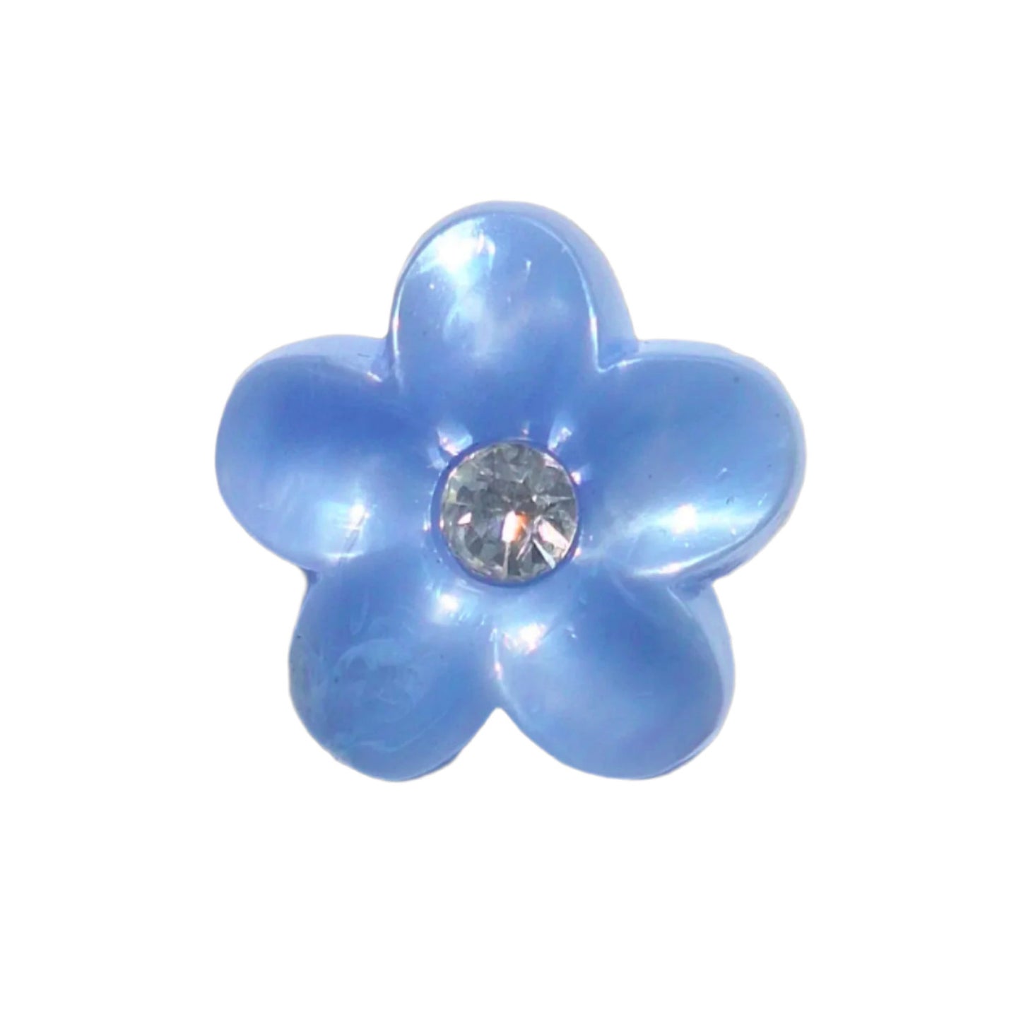 Blue pearl plastic flower button with glossy petals and clear rhinestone center, shown in full view.