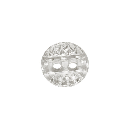 Small crystal glass button with smooth concave face, central clear band, and two-hole construction, photographed from above.