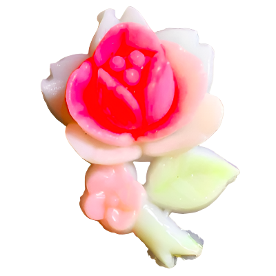 Hand-painted plastic flat back rose with pink petals and yellow leaves, right-facing, 12×18mm.