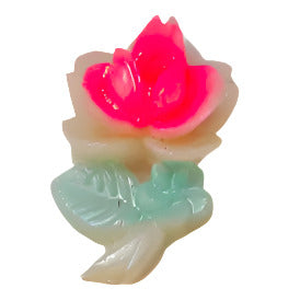 Hand-painted plastic flat back rose with pink petals and green leaves, left-facing, 12×18mm.