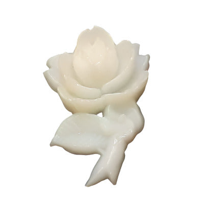Hand-painted plastic flat back rose in white, left-facing, 12×18mm.