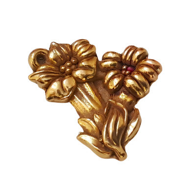 Flower pair plastic flat back metalized in gold color.