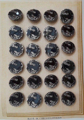 Button card of 24 black glass buttons with a rearing horse silhouette, framed by a raised clear molded border and decorative scrollwork, 18mm/28L.