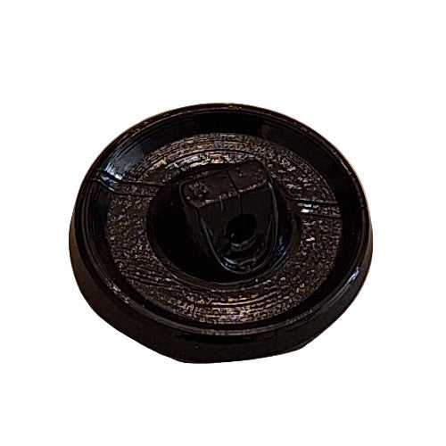Black glass button, round shape, shank back, 14mm