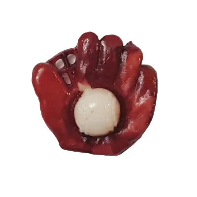 Hand-painted plastic flat back of a white ball in a brown glove.