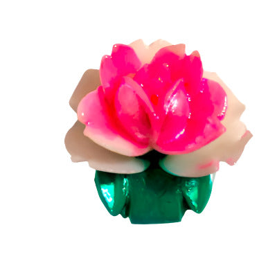 Plastic flat back of a pink rose with green stem on a white background, 15mm