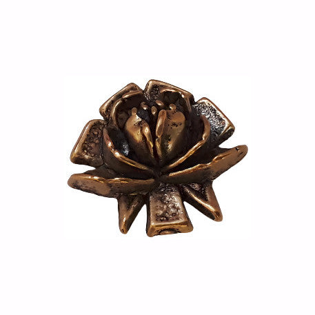 Antique gold metalized plastic flat back, open rose design, 15mm, vintage Japanese 1950s.