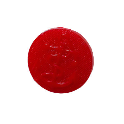 Red plastic button shown from the front, displaying the raised anchor design and textured round surface.