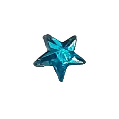 Tiny 5 mm aqua mirrored glass star cabochon shown in close-up.