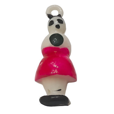 Plastic flat back shaped like a doll with a loop on top and hand-painted