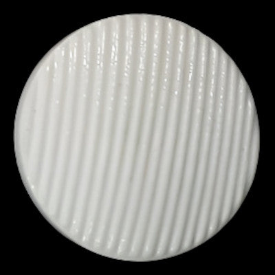 Large white ribbed glass shank button photographed from above, highlighting the linear rib pattern.