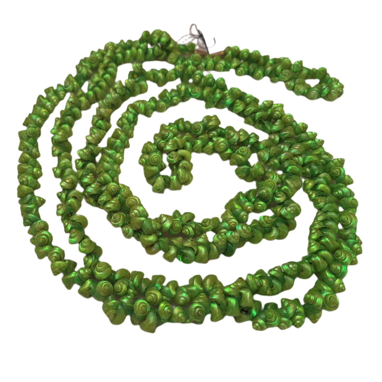 Chartreuse strung seashells with hand-punched holes and natural 1/4-inch shells shown on full strand.