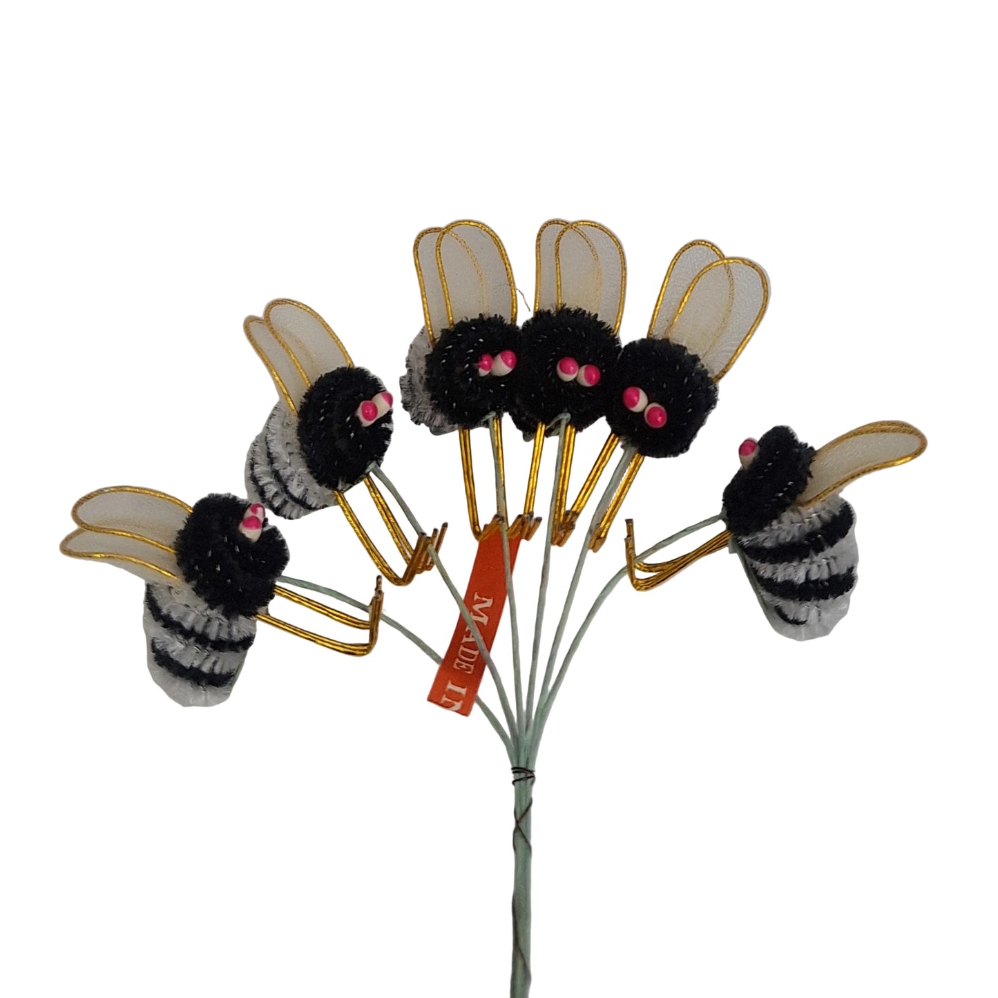 Six white and black chenille bees on wire stems with nylon wings and pep eyes, bundled together, 11×21 mm each
