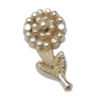 Silver metalized plastic flat back, right-facing chrysanthemum, 11×22mm, vintage Japanese 1960s.