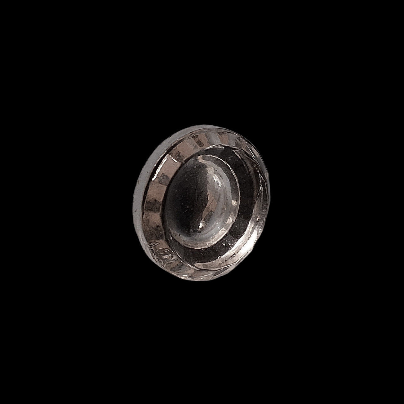 Mirrored glass button with smooth concave center and faceted rim, 10mm