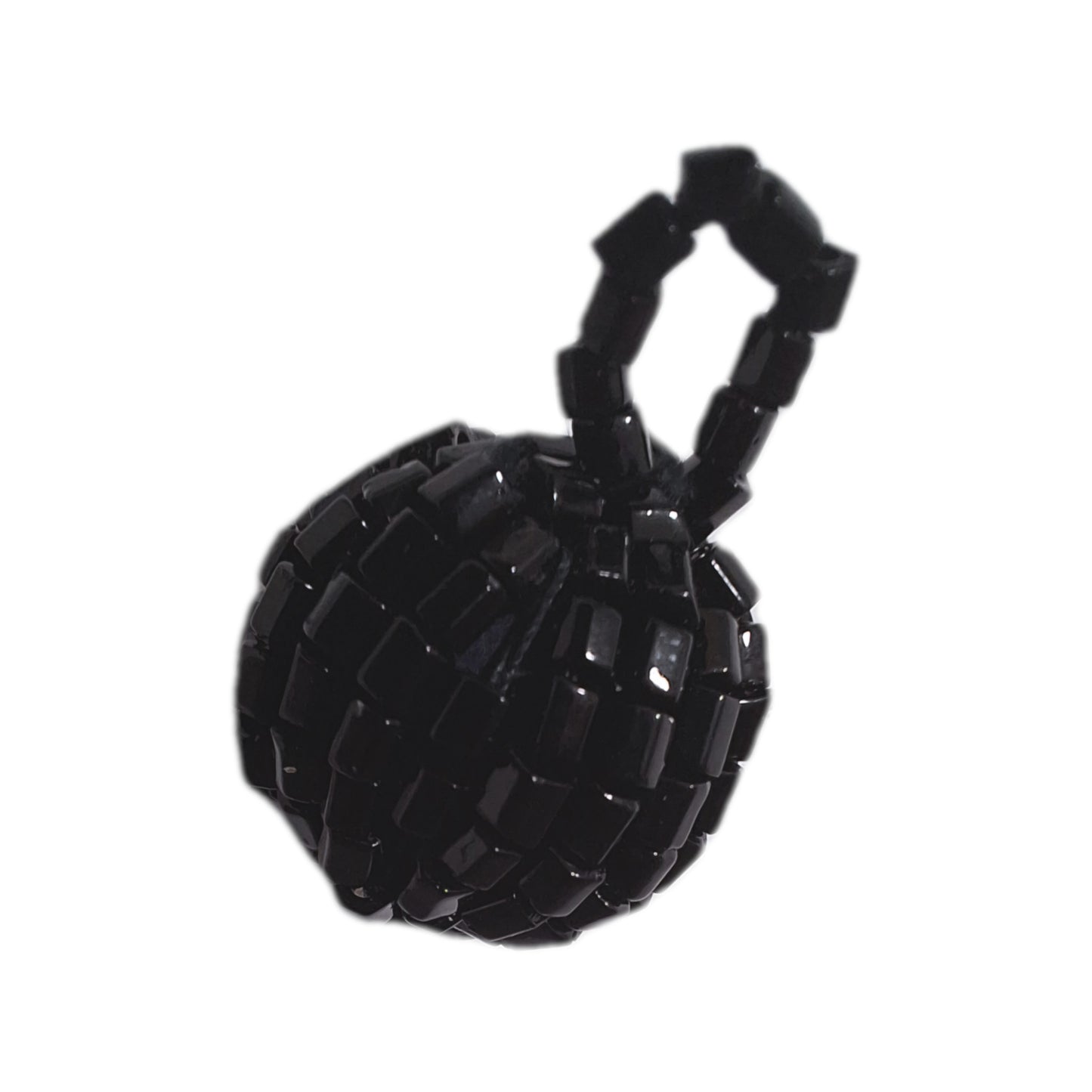 Jet black glass-beaded ball with loop attachment shown in close-up with glossy finish.