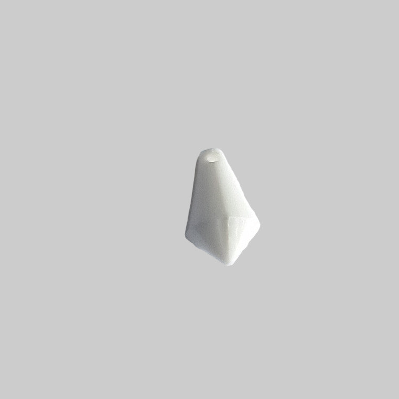 Faceted chalk white plexiglass drop, 12×7 mm, with side-drilled hole shown in angled view.