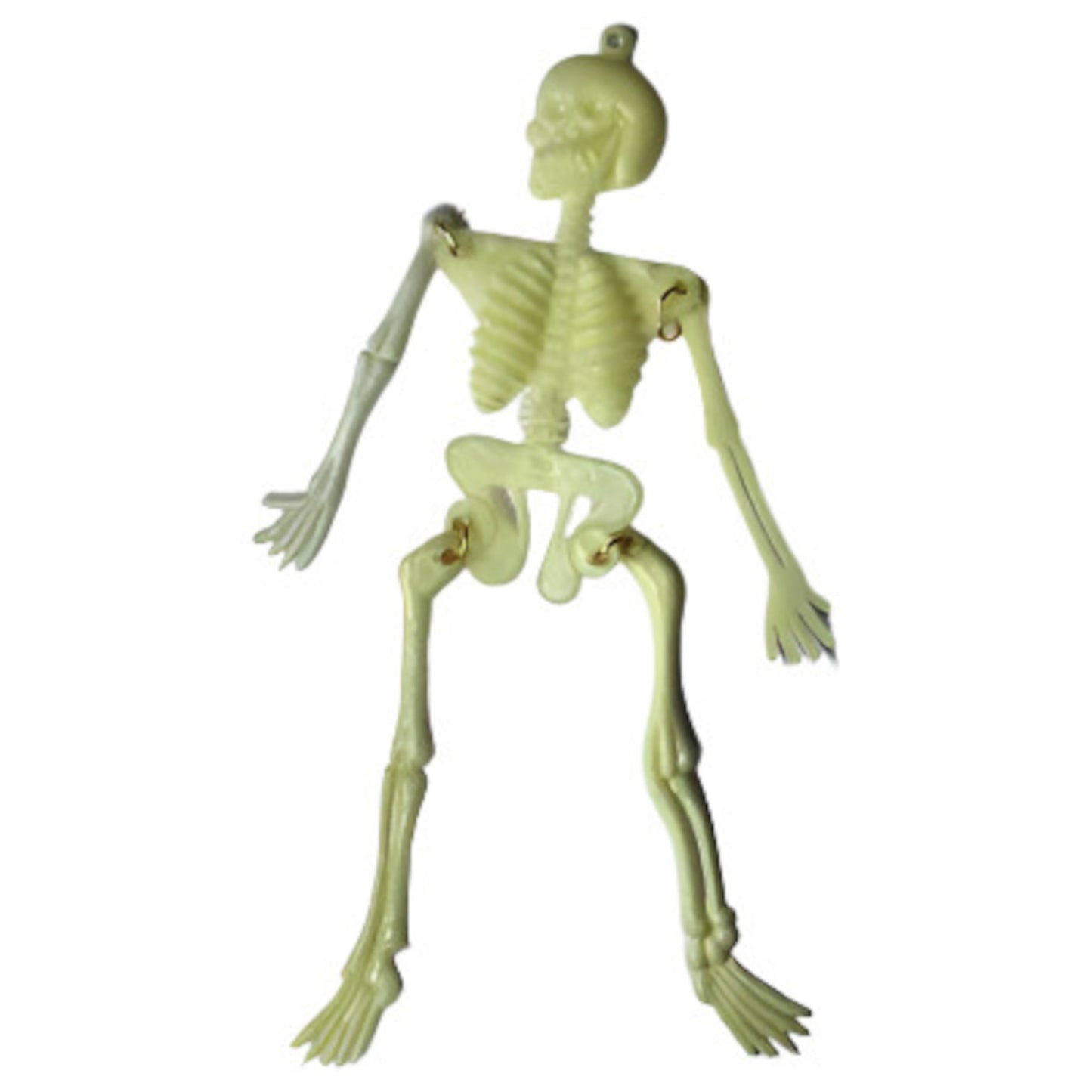 Off-white to ivory plastic large skeleton charm, 125×38 mm, with articulated arms and legs connected by small metal rings at the shoulders, hips, and knees, shown standing against a white background.