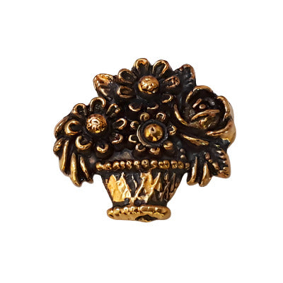 Antique gold metalized plastic flat back, flowers-in-a-pot design, 17×18mm, vintage Japanese 1950s.