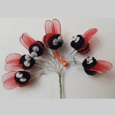 Bunch of 6 red and black chenille bees on wire with nylon wings and wiggly eyes.