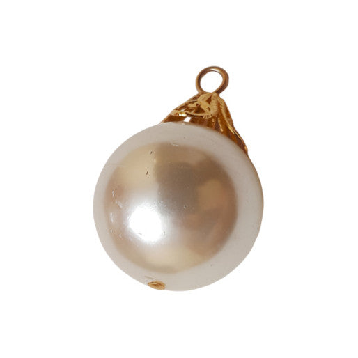Pearlized full-ball 16 mm drop with gold filigree cap and pin-shank attachment shown in angled view.