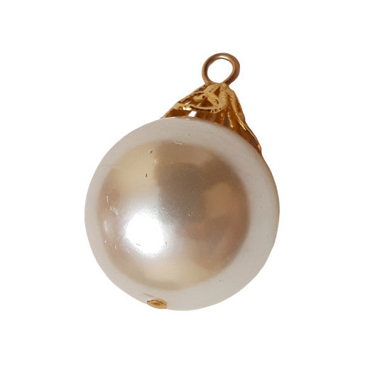 Pearlized full-ball 18 mm drop with gold filigree cap and pin-shank attachment shown in angled view.