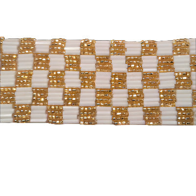 Gold and white checkerboard beaded trim, 33 mm wide, 1960s Japan, 12-yard bolt.