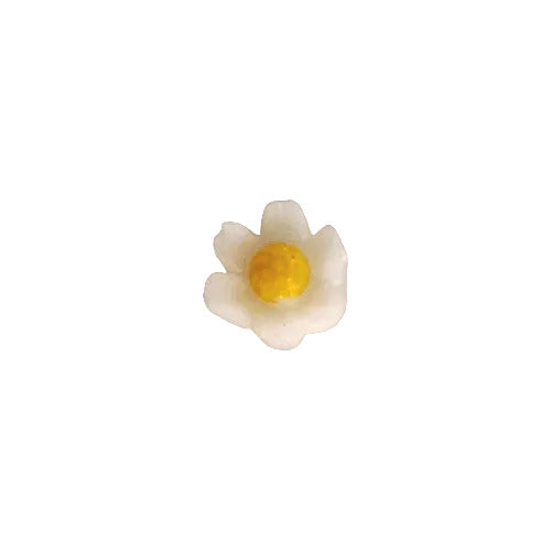 Hand-painted plastic flat back daisy with white petals and yellow center, 8mm.