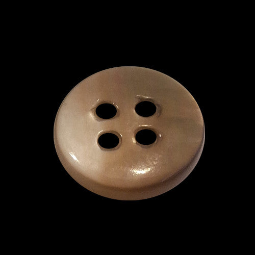 Back view of smoky white mother of pearl button showing natural brown shell backing with four holes, 13mm size
