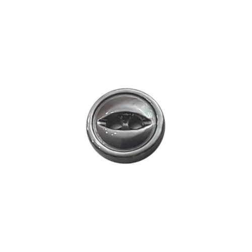 Grey fisheye two-hole troca shell button, 8mm size, showing the concave center and natural shell pattern.
