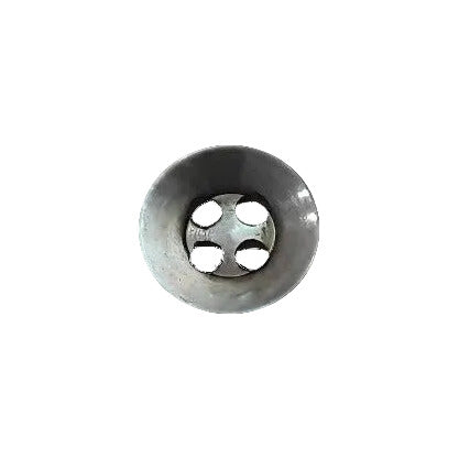 Grey shell button with French bevel and 4 holes, photographed front view, size 10mm/16L.