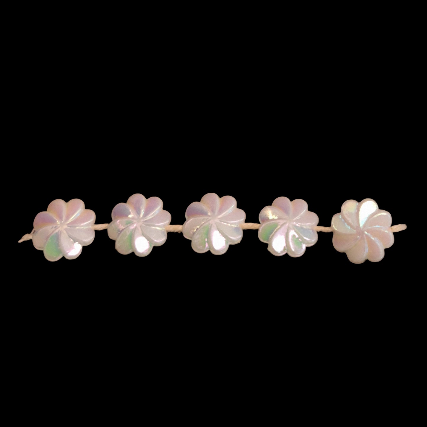 10mm plastic flower trim with AB finish, raised center, and articulated petals